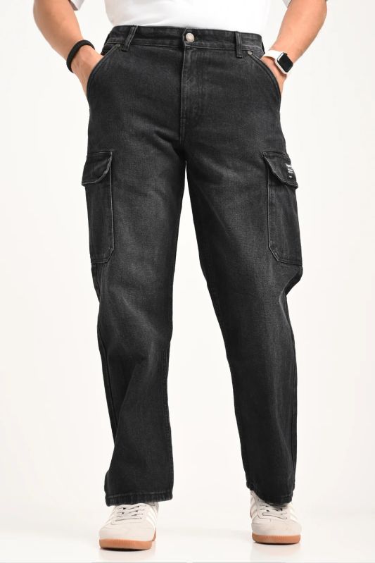 Black Cargo Jeans For Men - Mid Rise Relaxed Fit
