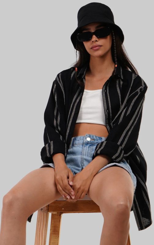 Black Striped Textured Overshirt
