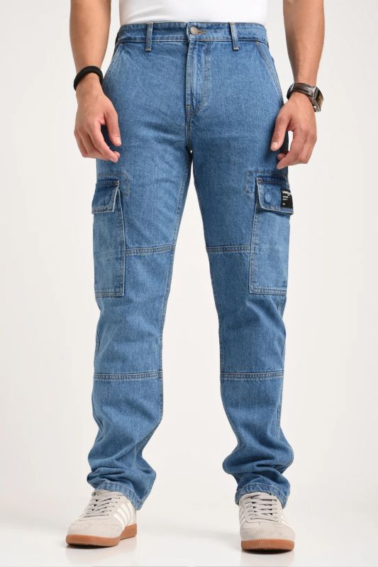 Blue Cargo Jeans For Men - Mid Rise Relaxed Fit