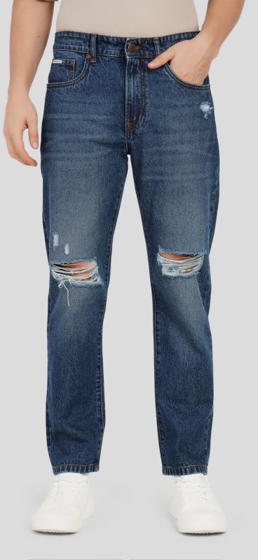 Blue Mid Rise Distressed Men's Relaxed Jeans