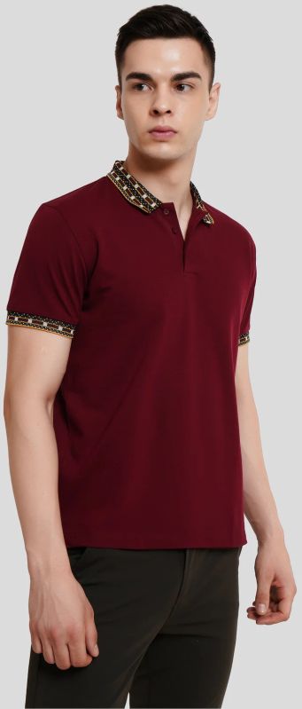 Maroon Patchwork Collar Polo T-Shirt
