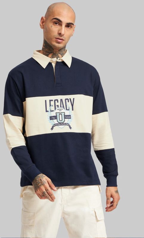 Navy and Beige Men's Polo