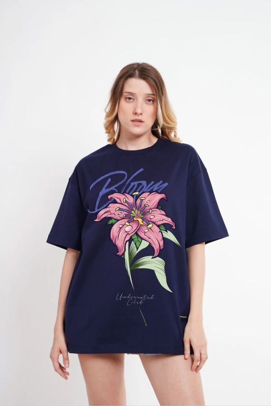 Pink Flower Navy Blue Oversized Fit T-Shirt Women