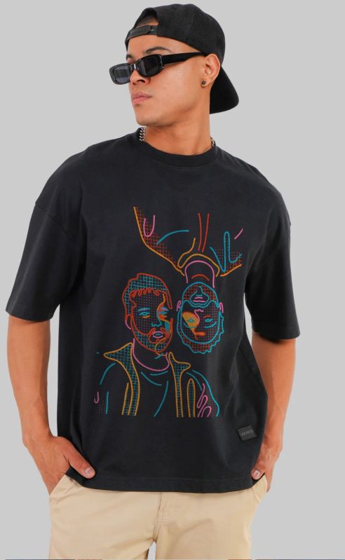 Two Men Line Art Black Baggy Fit T-Shirt Men