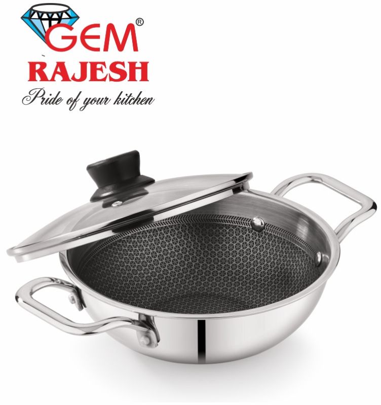24 Cm Stainless Steel Honeycomb Kadai with Glass Lid