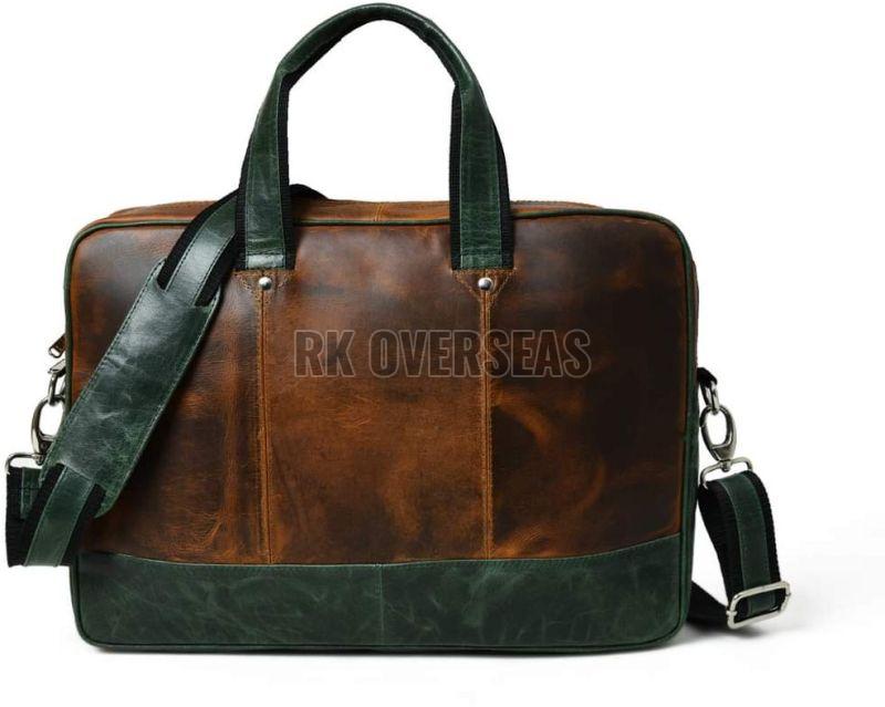 Brown and Green Leather Laptop Bag