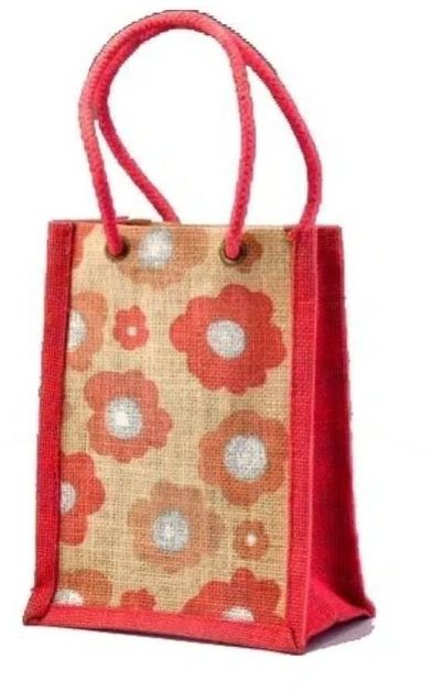 Flower Print Jute Lunch Bag