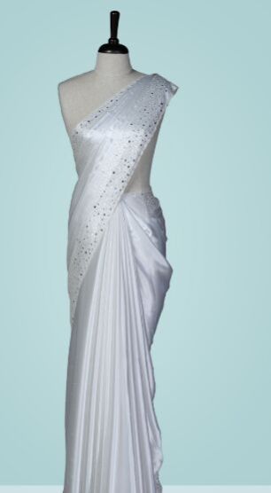 Milky White Satin Crepe Fancy Saree