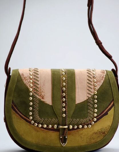 Green Card Print Studded Saddle Bag