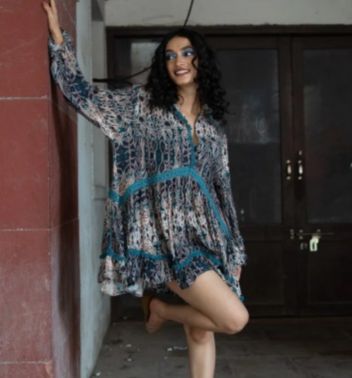 Women Blue Ikkat Print Balloon Sleeves Flare Dress