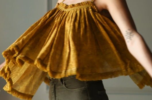 Women Mustard Flare Sling Crop Top with Fray Edge