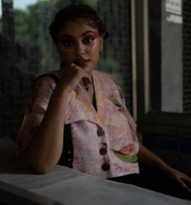 Women Pink Friendly Note Plant Big Collar Shirt