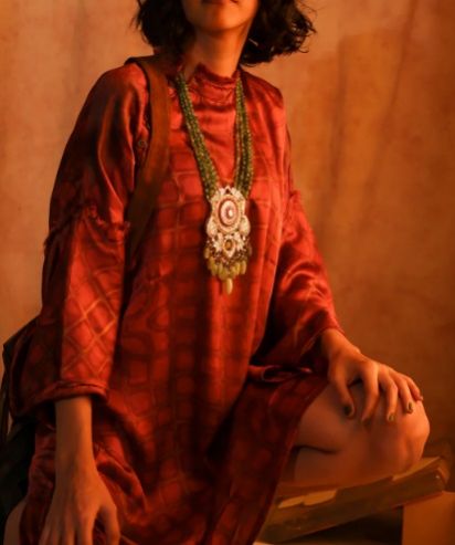 Women Rust Checkered Print Chinese Collar Dress