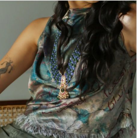 Women Turquoise River Print Cowl Top