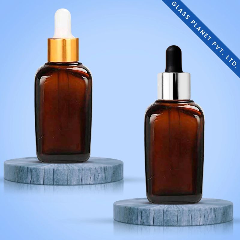 30ML Amber Square Glass Bottle With Golden And Silver Dropper 18mm