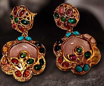Women MG Navaratan Flower Drop Earrings