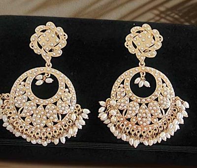Women Rice Pearl Ivory Colour Stone Chandbali Earrings