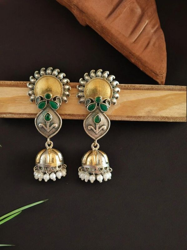 Golden Oxidised Women Jhumka Earrings