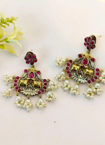 Intricate Design Two Tone Oxidised Ethnic Women Dangler Earrings