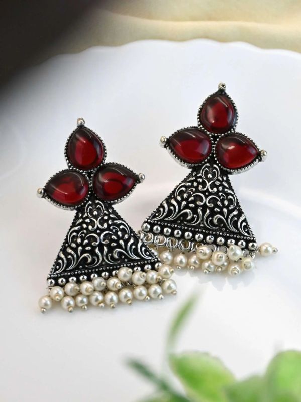 Oxidised Triangle Pearl Stud Earrings For Women