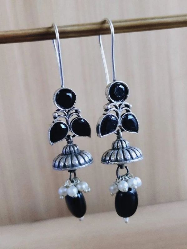 Women Silver Look Alike Stones Hook Earrings
