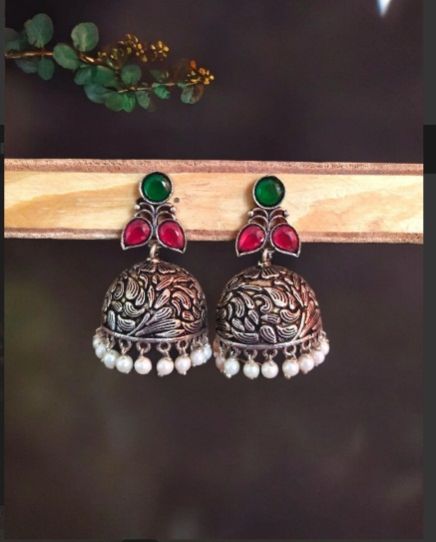 Women Traditional German Silver Jhumka Earrings