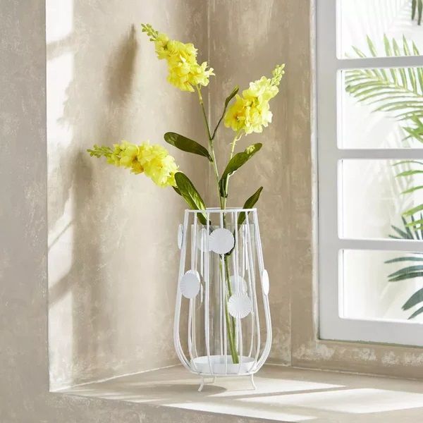 Leaf Metal and Glass Flower Vase For Decor