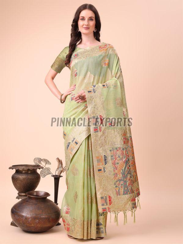 Ladies Green Printed Linen Cotton Saree