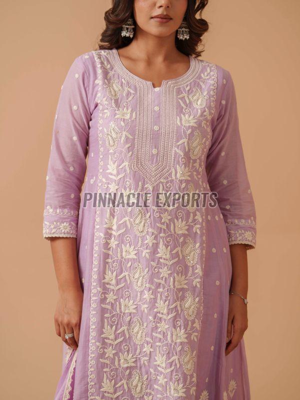 Ladies Lavender Cotton Chikankari Embroidery Anarkali Suit