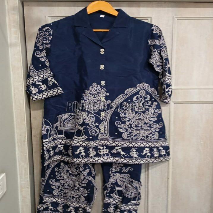 Ladies Navy Blue Printed Rayon Cord Set