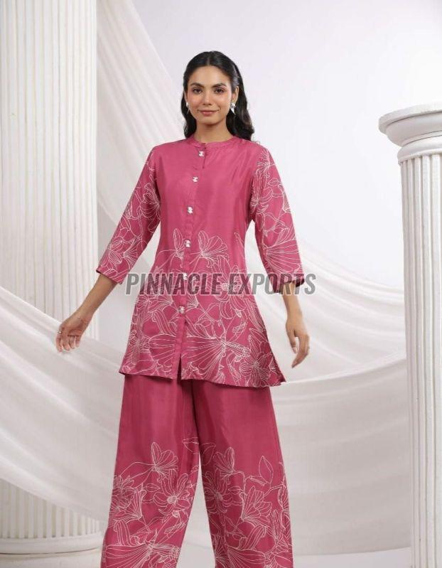 Ladies Pink Floral Rayon Printed Cord Set