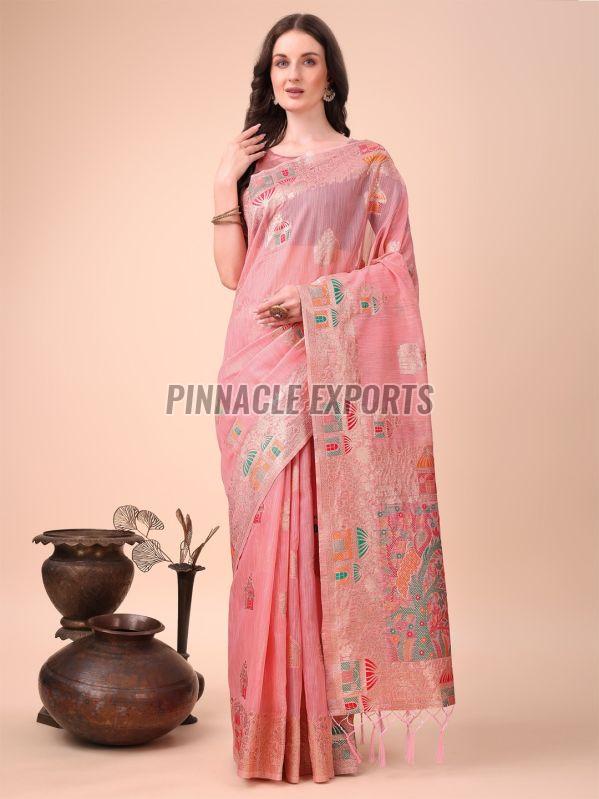 Ladies Pink Printed Linen Cotton Saree