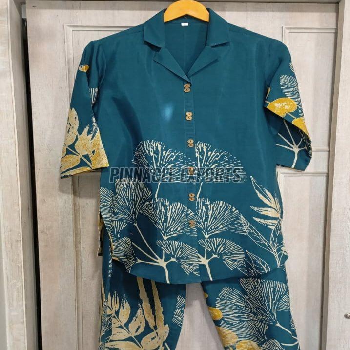 Ladies Sky Blue Printed  Rayon Cord Set