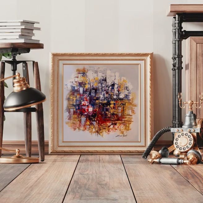 Abstract Framed Art Colorful Abstract Painting in Gold Frame