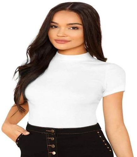 Ladies Plain Poly Cotton Turtle Neck T Shirt