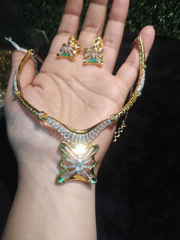 Green and Golden Finish American Diamond Necklace Set