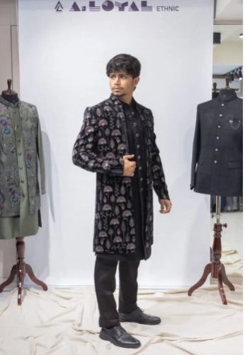 Mens Black Velvet Indo-Western Sherwani with Embroidered Jacket
