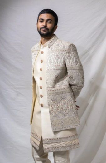 Mens Ivory Embroidered Indo-Western Sherwani Set