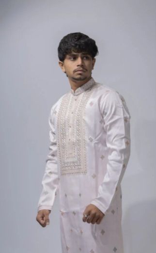Mens Ivory Pastel Embroidered Kurta