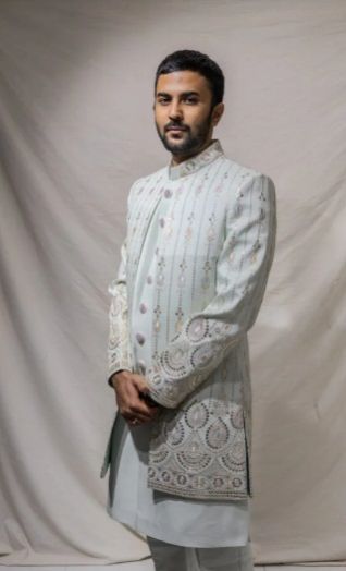 Mens Light Mint Embroidered Indo-Western Sherwani Set