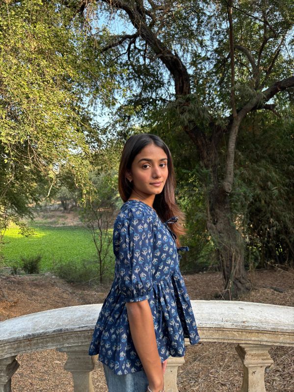 Pure Cotton Indigo Print Peplum Top