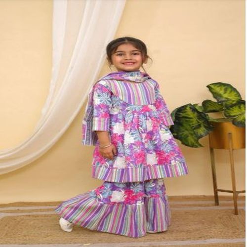 Round Neck Cotton Girls Printed Sharara Set Party Wear