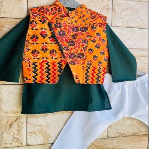 Cotton Boys Printed Kurta Pajama with Jacket, Color : Multicolour