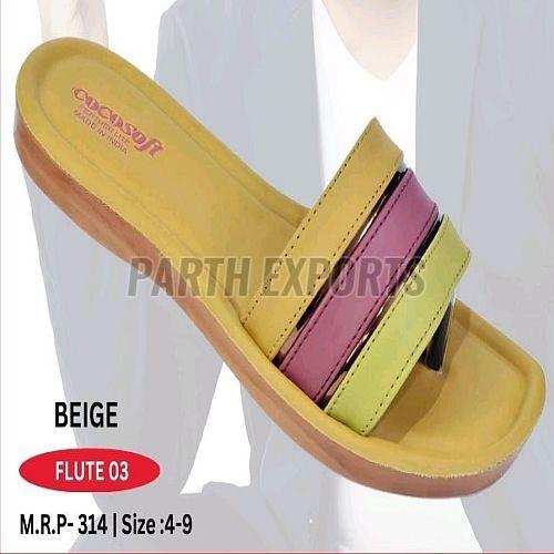 Flute-03 Ladies PU Leather Beige Open Toe Flat Slipper