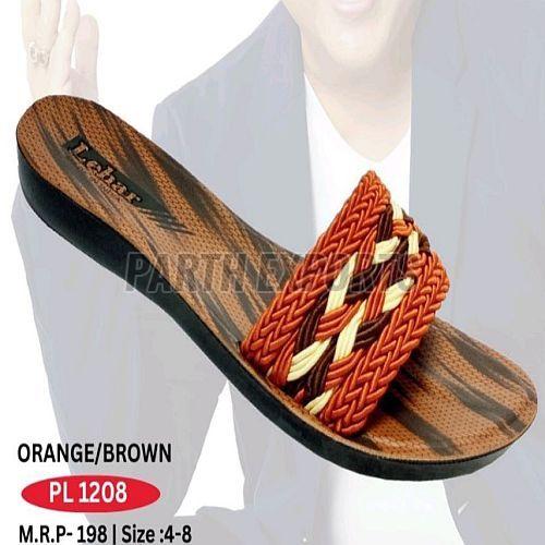 PL-1208 Ladies PU Leather Orange Brown Open Toe Flat Slipper