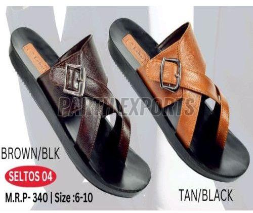 Seltos-04 Mens Brown and Black PU Leather Slipper