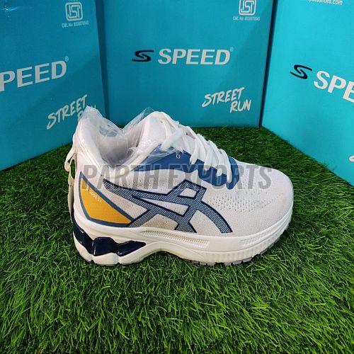 Speed Mens White and Blue Leather Running Sports Shoes
