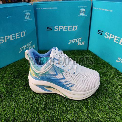 Speed Mens White and Sky Blue Leather Running Sports Shoes