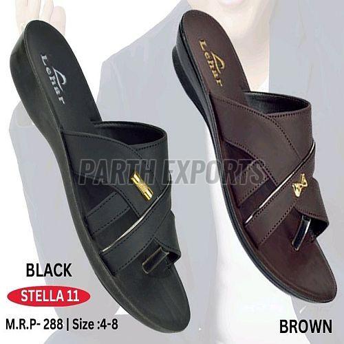 Stella-11 Ladies Black and Brown PU Leather Flat Slipper