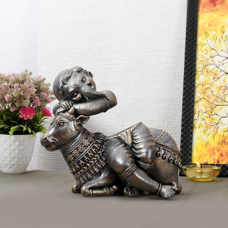 17cm Handcrafted Brass Cow Statue with Ganesha Relief